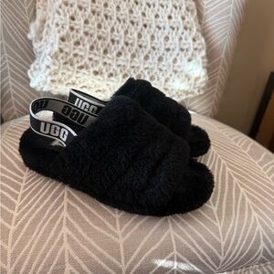 UGG Black Fuzzy Slides with Logo Strap